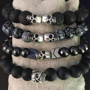 Skull Beaded Unisex Bracelets in Black and Silver Semiprecious stones